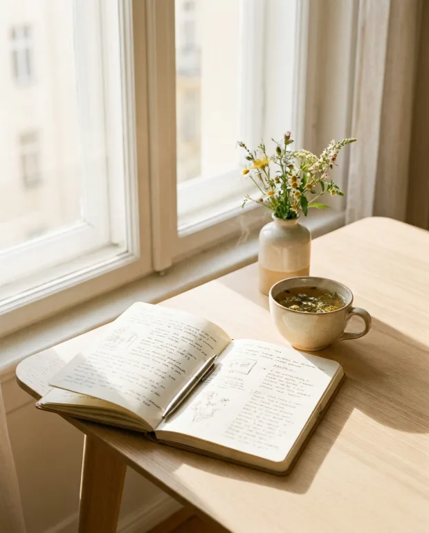 Journal en thee bij het raam, tijd voor een frisse start